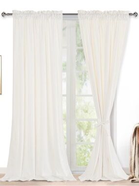 Pair white velvet curtains 62 x 108”